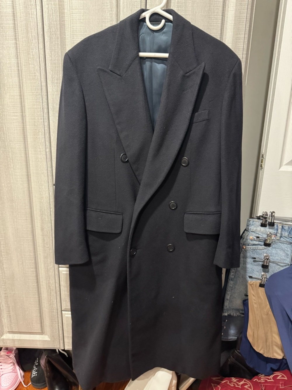 Men's 100% Cashmere Double-Breasted Long Black Overcoat